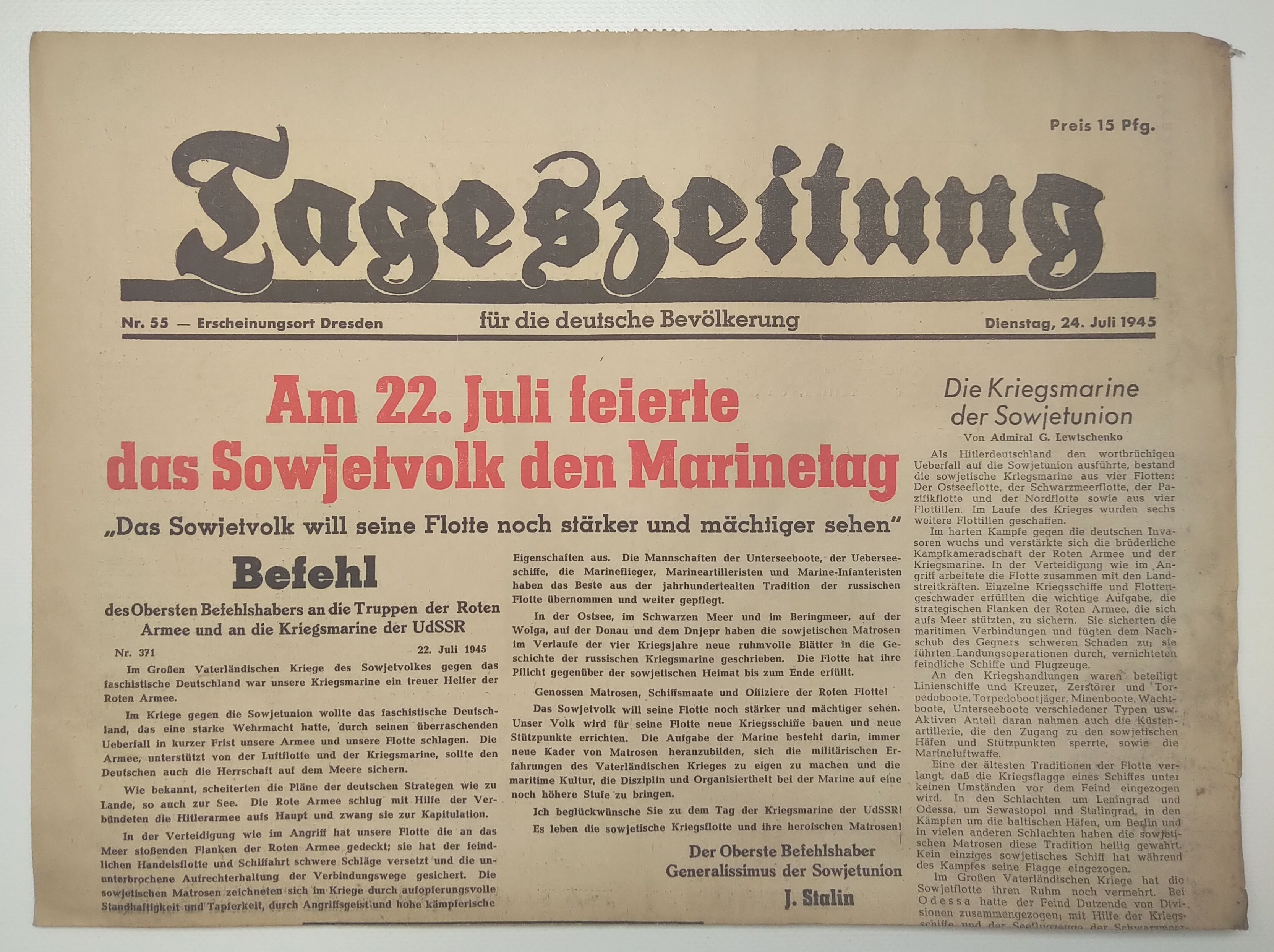 Tageszeitung Sowjetvolk feiert Marinetag 1945 Nr 55
