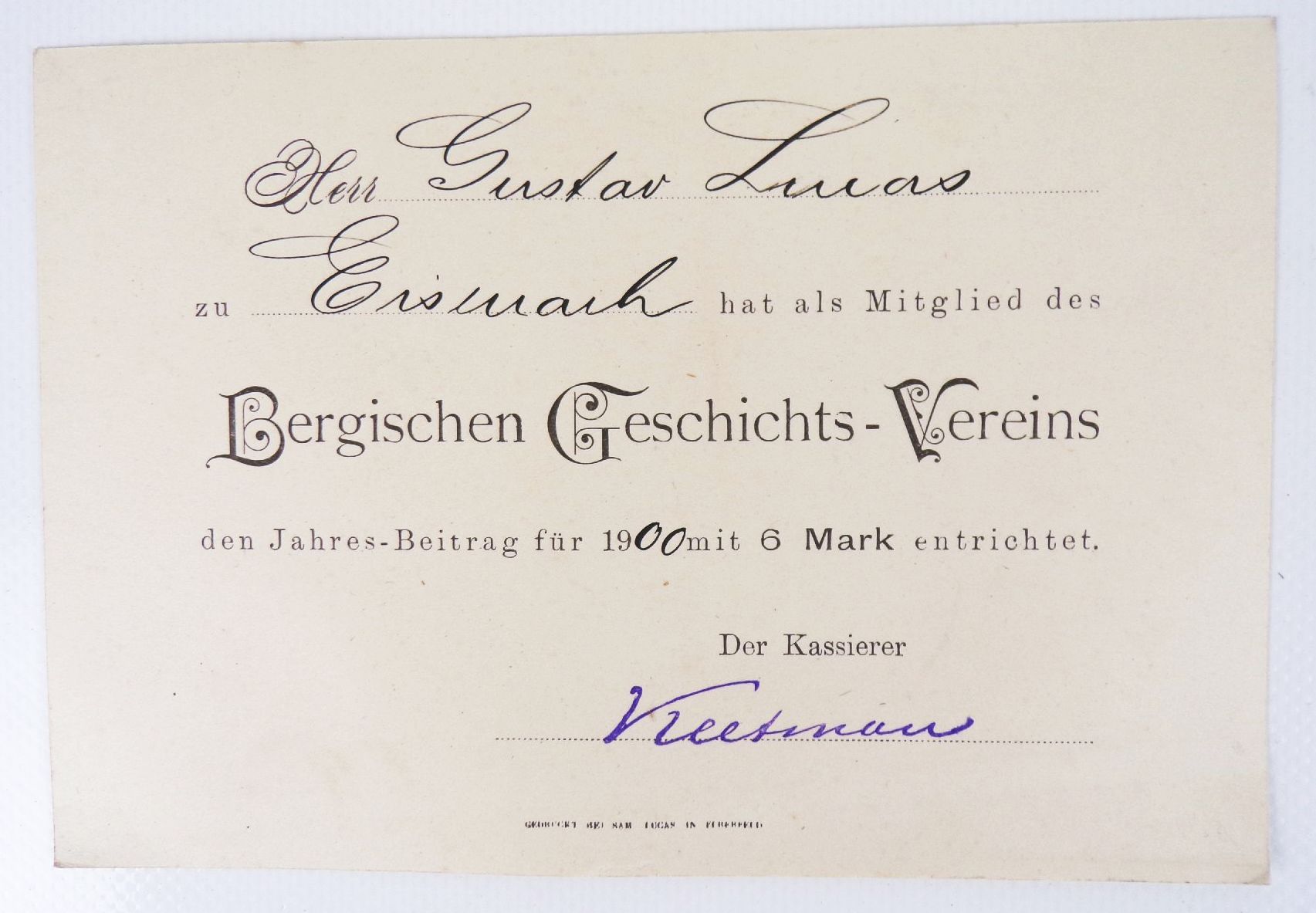 Mitgliedskarte Bergischer Geschichts Verein Eisenach 1900 