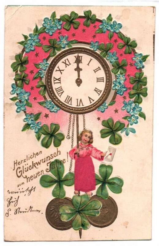 Seide Ak Mädchen mit Uhr Neujahr gold geprägt 1906