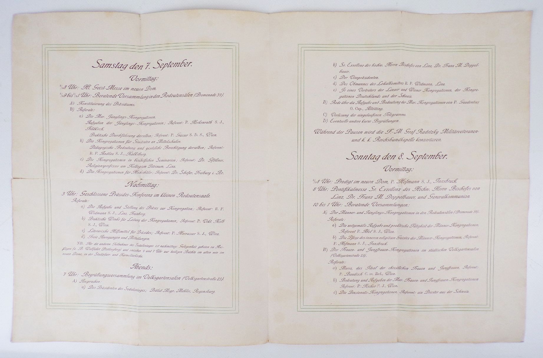 Programm Sodalen Tag in Linz 1904 Dr Franz M Doppelbauer Maria Empfängnis Dom