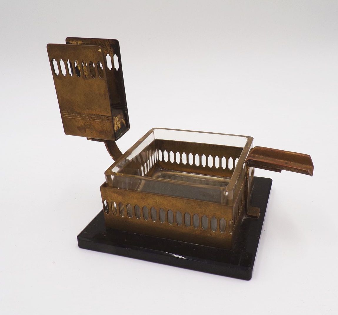 Art Deco Streichholzschachtelhalter Aschenbecher Kerzenhalter Messing 