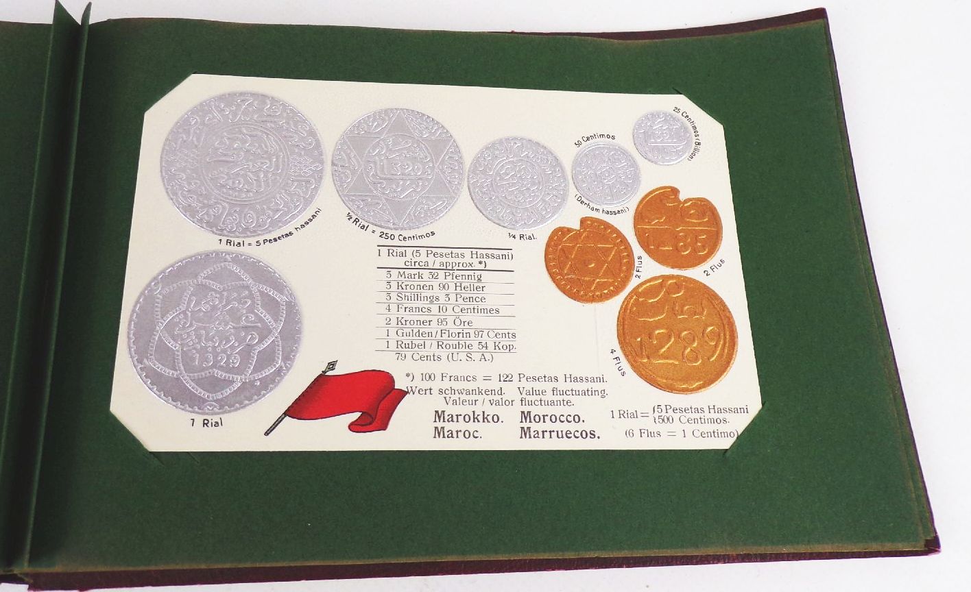Geldsorten aller Länder Postkartenalbum Geld Münz Ansichtskarten um 1910 Rarität 45 Präge Ansichtskarten