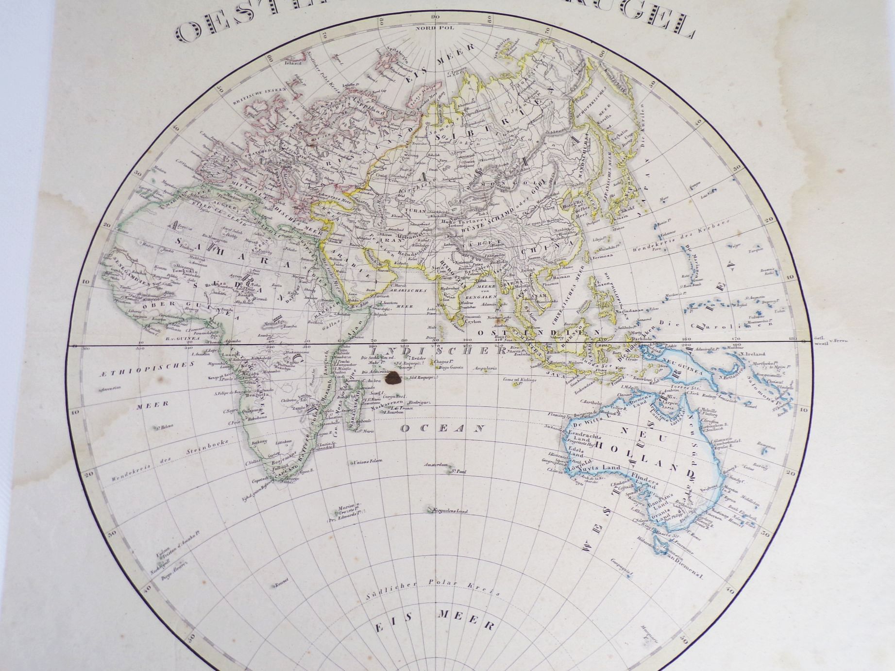 Glaser Stahlstich Östliche Halbkugel 1836 koloriert Druck 