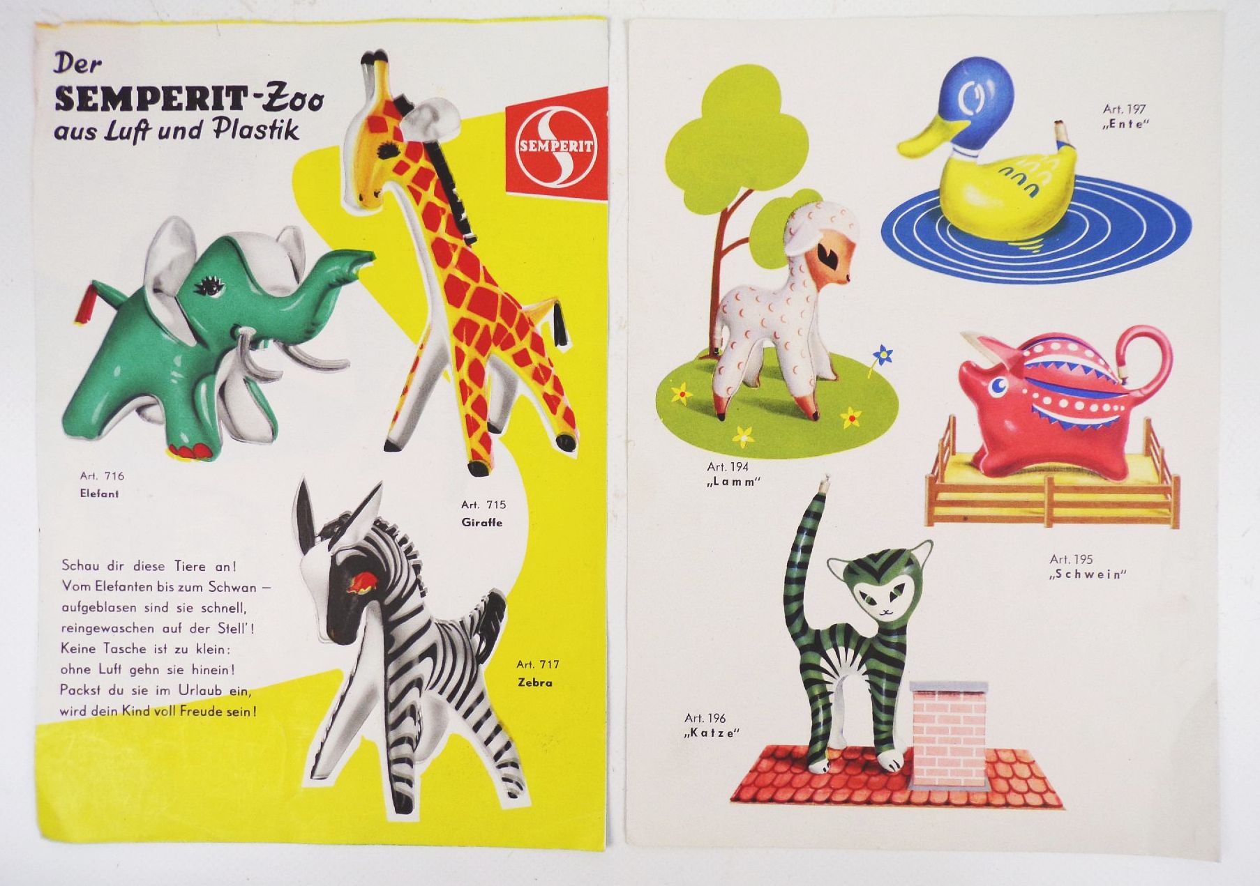 Semperit Werbeblätter Prospekt Gummitiere Puppen 1950 er Spielzeug Reklame Semperit Werbeblätter Prospekt Gummitiere Puppen 1950 er Spielzeug Reklame