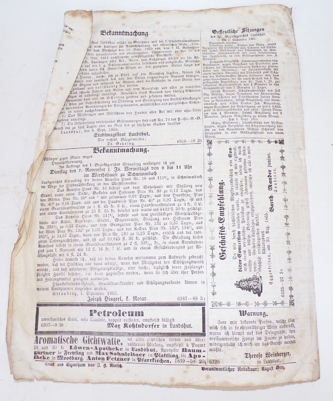 Alte Landshut Zeitungen Wochenblatt 1837 1844 1855 1865 