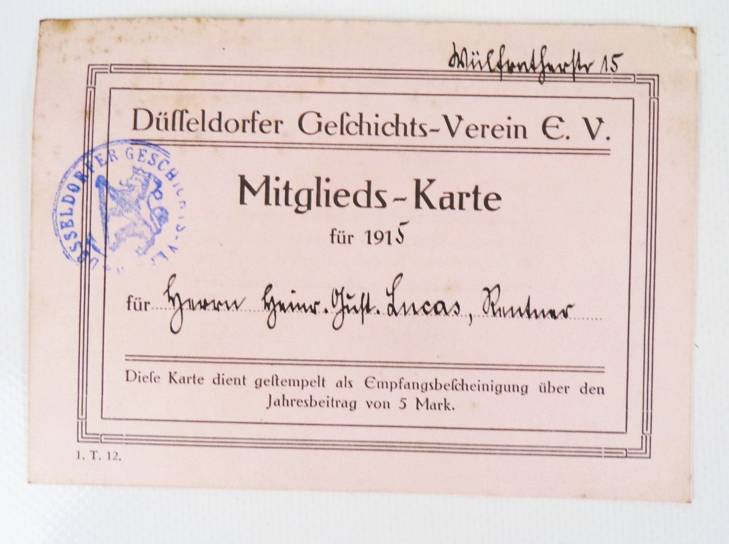 Mitgliedskarte Düsseldorfer Geschichtsverein EV 1915 Düsseldorf