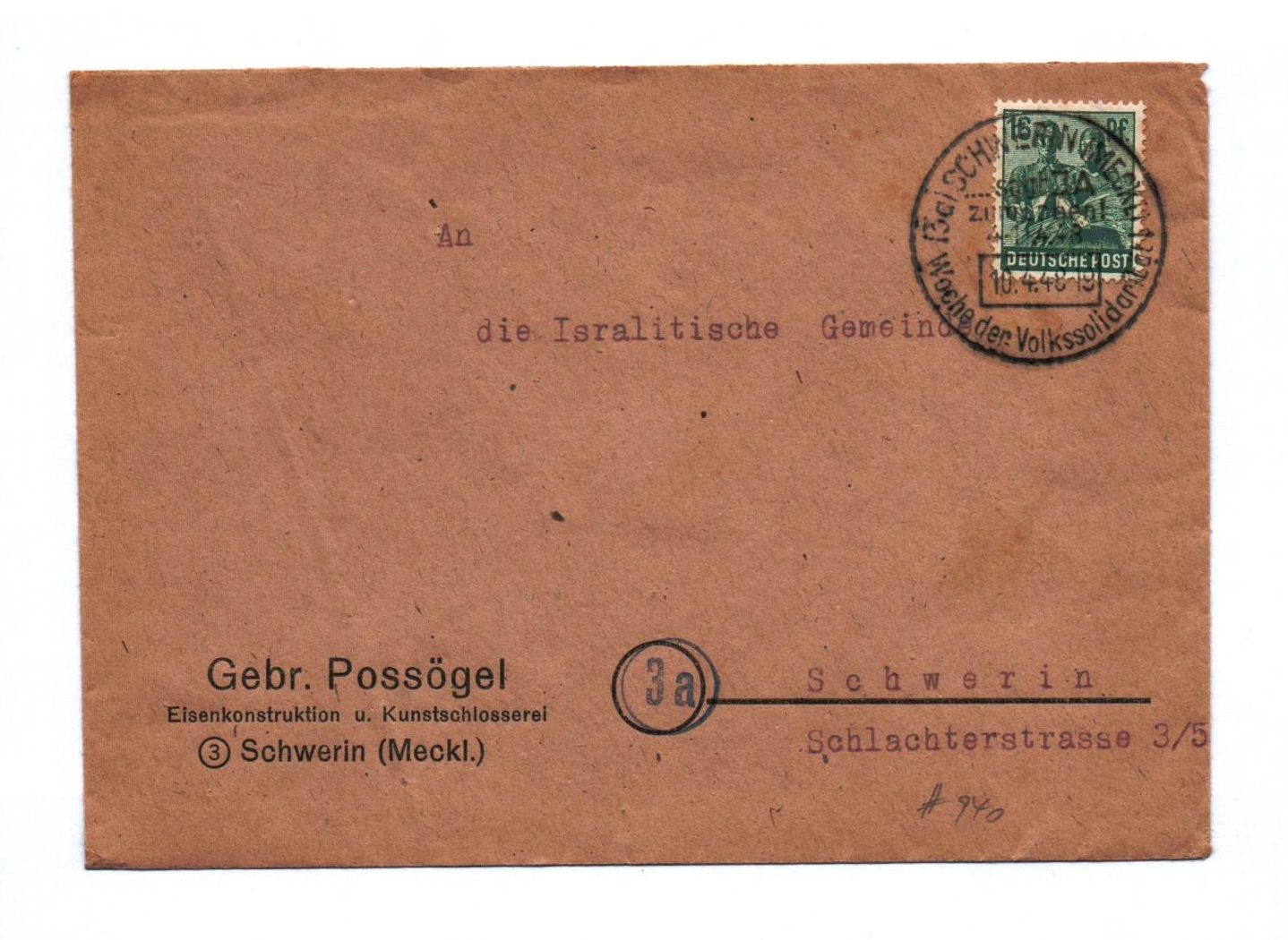 Brief Gebrüder Possögel Eisenkonstruktion Schwerin Mecklenburg 1948