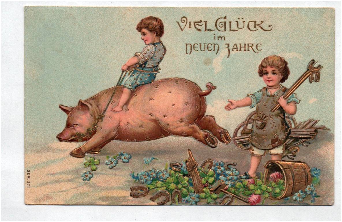 Ak Bube reitet auf Schwein Viel Glück im neuen Jahr 1909 gold geprägt