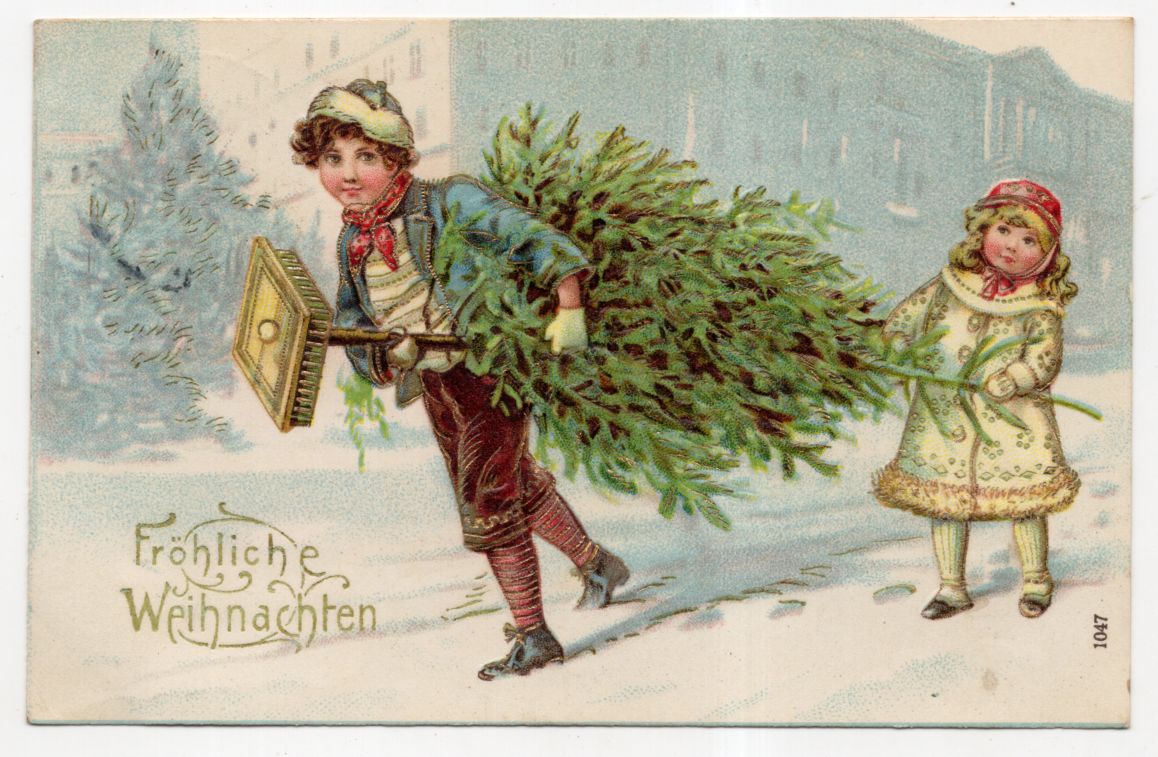 Litho Ak Kinder tragen Weihnachtsbaum gold geprägt Fröhliche Weihnachten