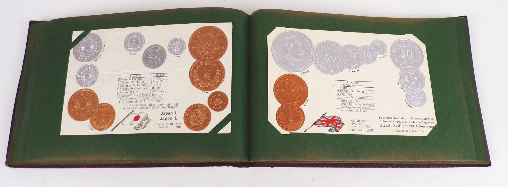 Geldsorten aller Länder Postkartenalbum Geld Münz Ansichtskarten um 1910 Rarität 45 Präge Ansichtskarten