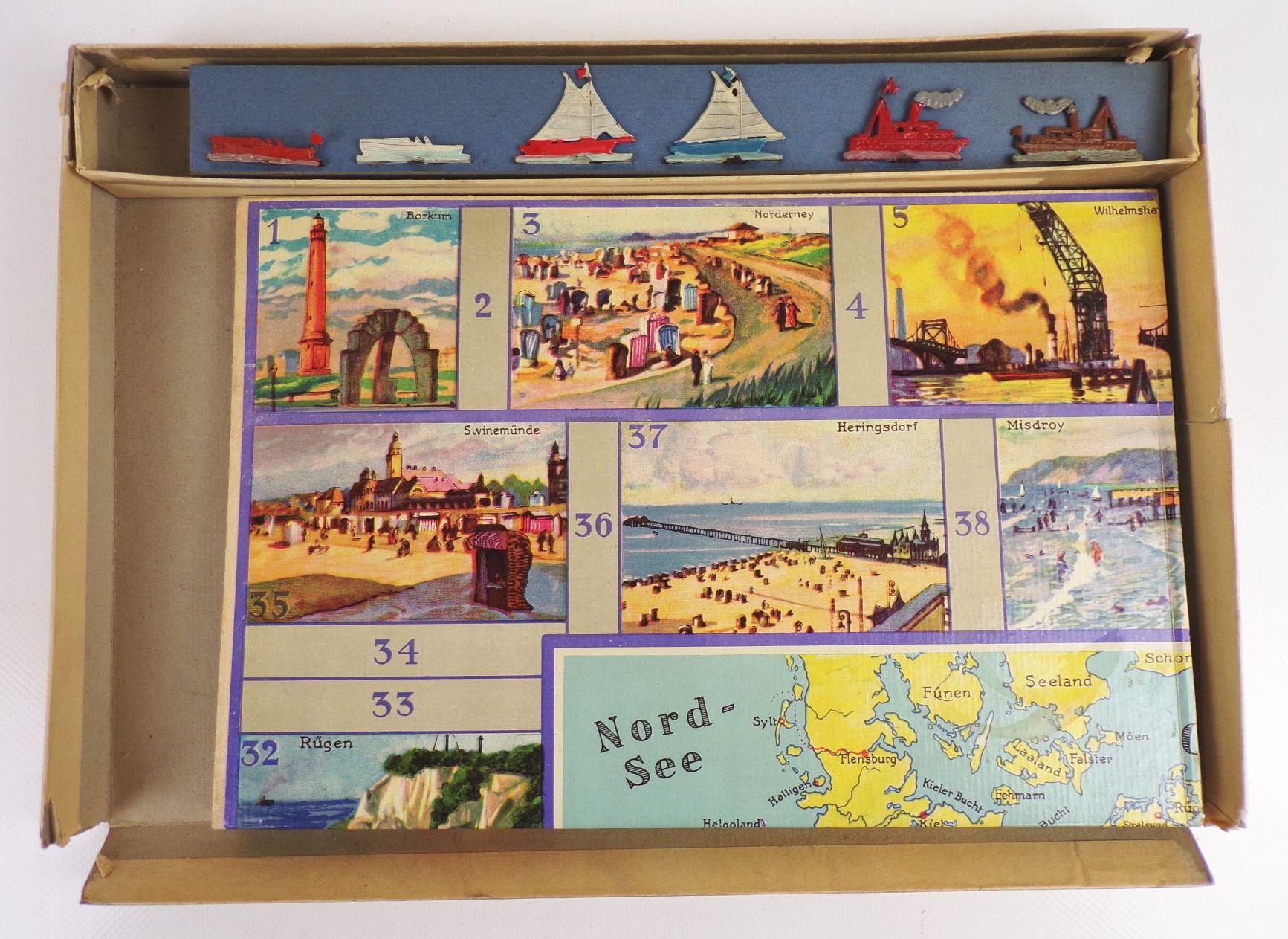 Spear Brettspiel Deutschlands Häfen und Küsten Ein Reisespiel um 1930 Zinnfiguren