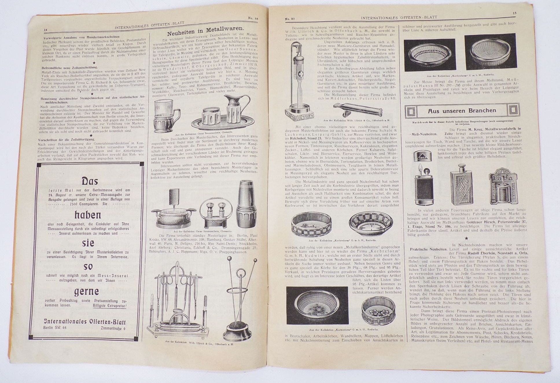 Internationales Offerten Blatt Nummer 33 1912 Anzeiger Reklame Annoncen