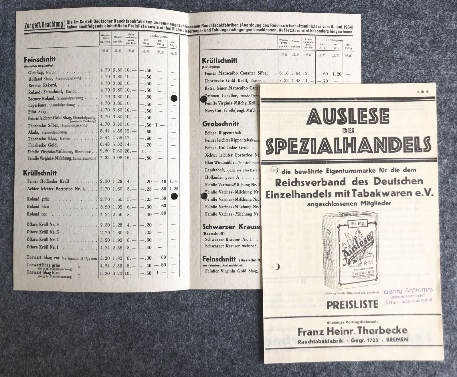 Prospekt Franz Heinrich Thorbecke Rauchtabakfabrik Preisliste