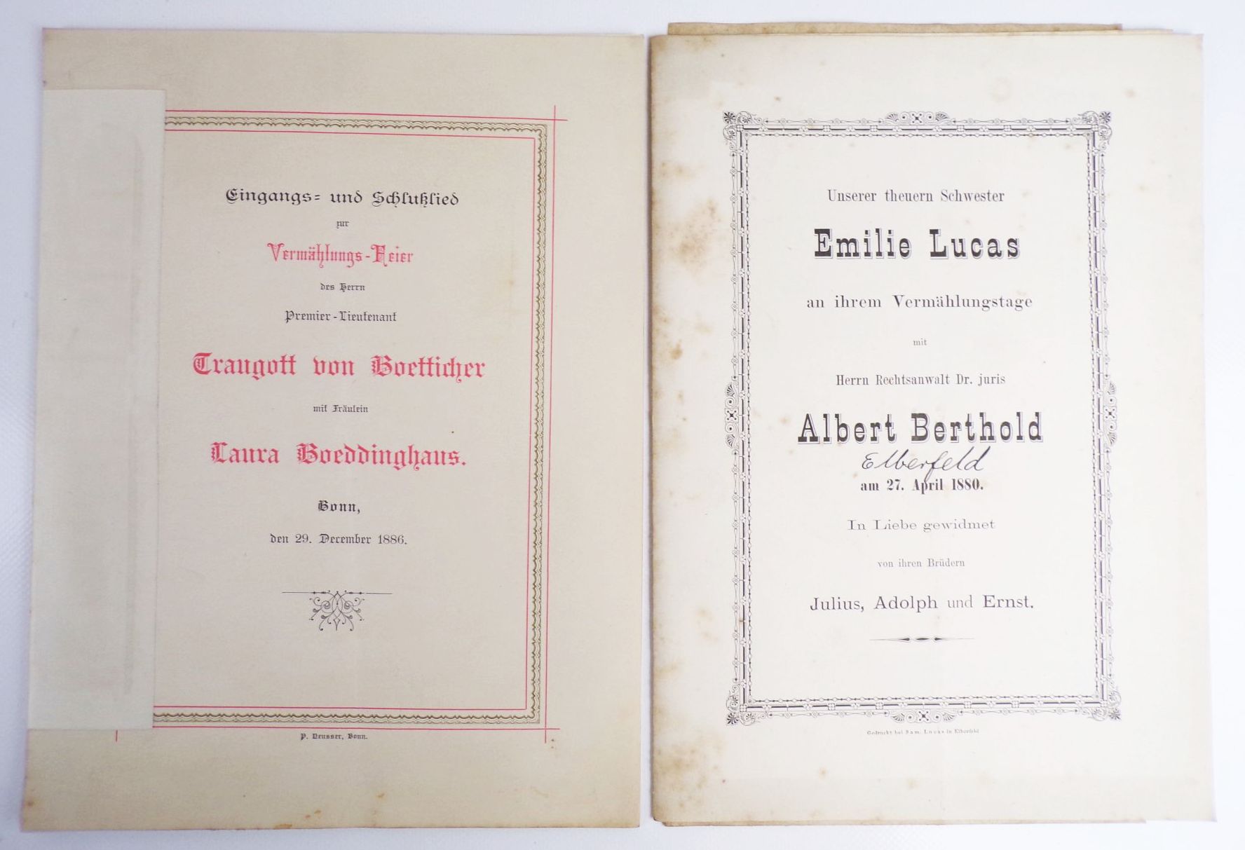 Hochzeitprogramme um 1890 Boeddinghaus Barmen Wuppertal Düsseldorf 