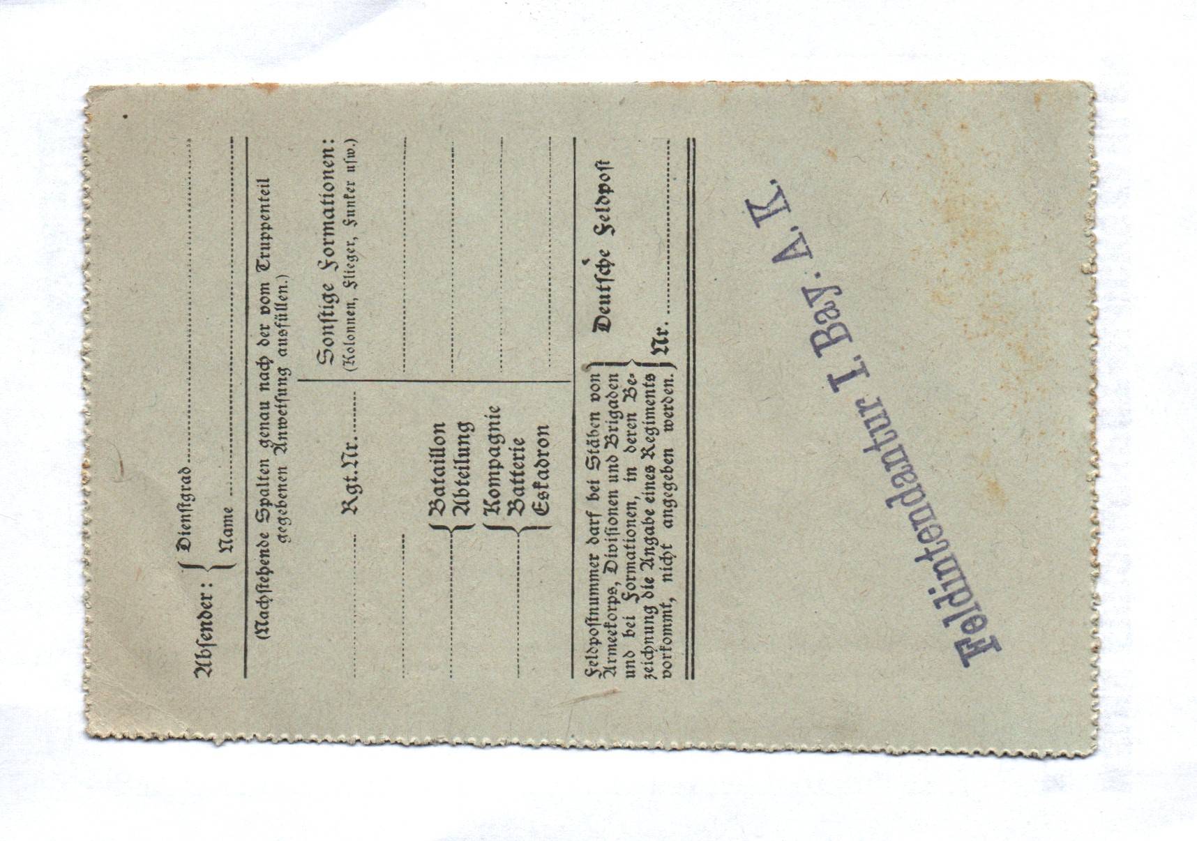 Feldpostbrief Feldintendantur I Bayerischer Armee Korp 1918 Feldpostbrief Feldintendantur I Bayerischer Armee Korp 1918