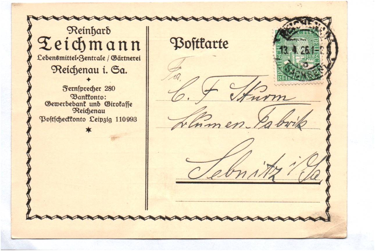 Firmen Postkarte 1926 Reinhard Teichmann Lebensmittel Zentrale Gärtnerei Reichenau Firmen Postkarte 1926 Reinhard Teichmann Lebensmittel Zentrale Gärtnerei Reichenau