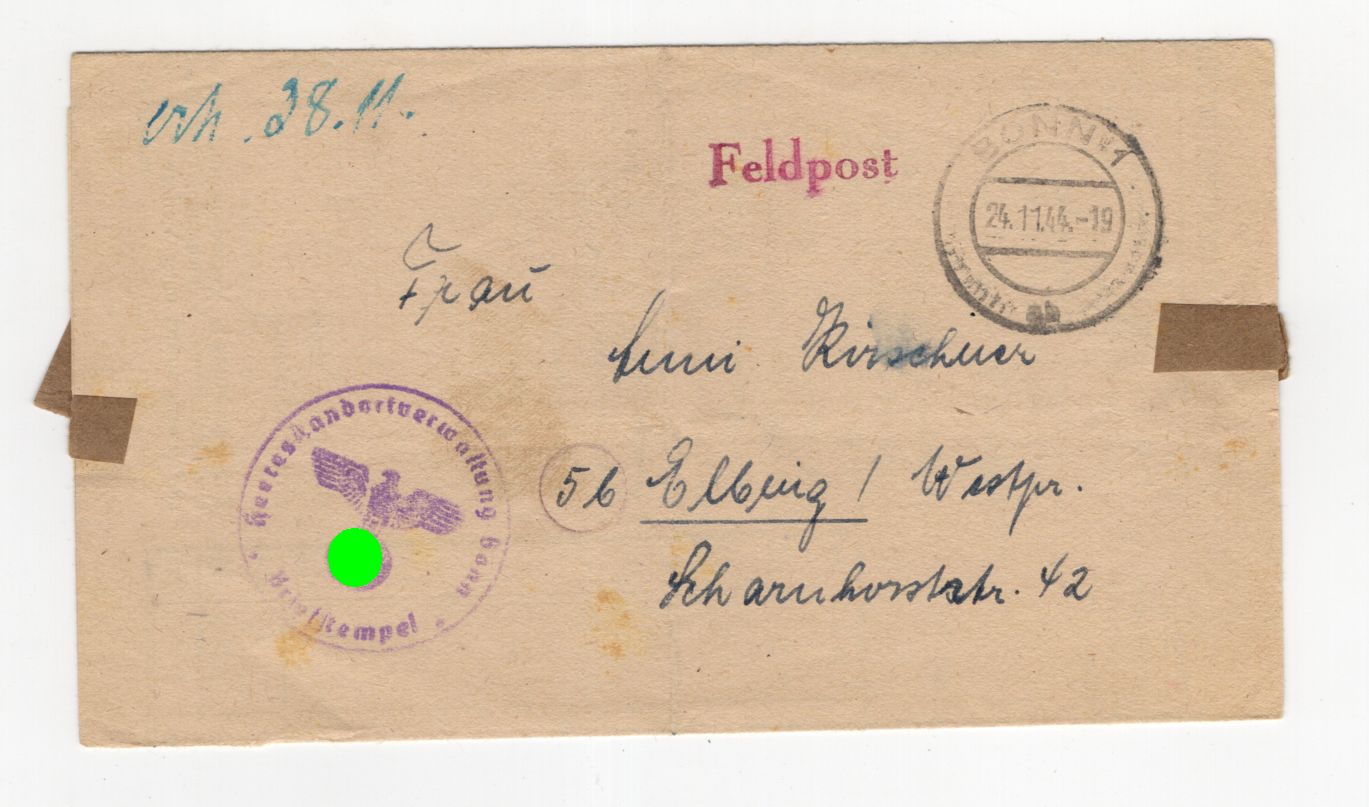 Feldpostbrief Heeresstandort Gebührnisstelle Düren 1944 Bonn