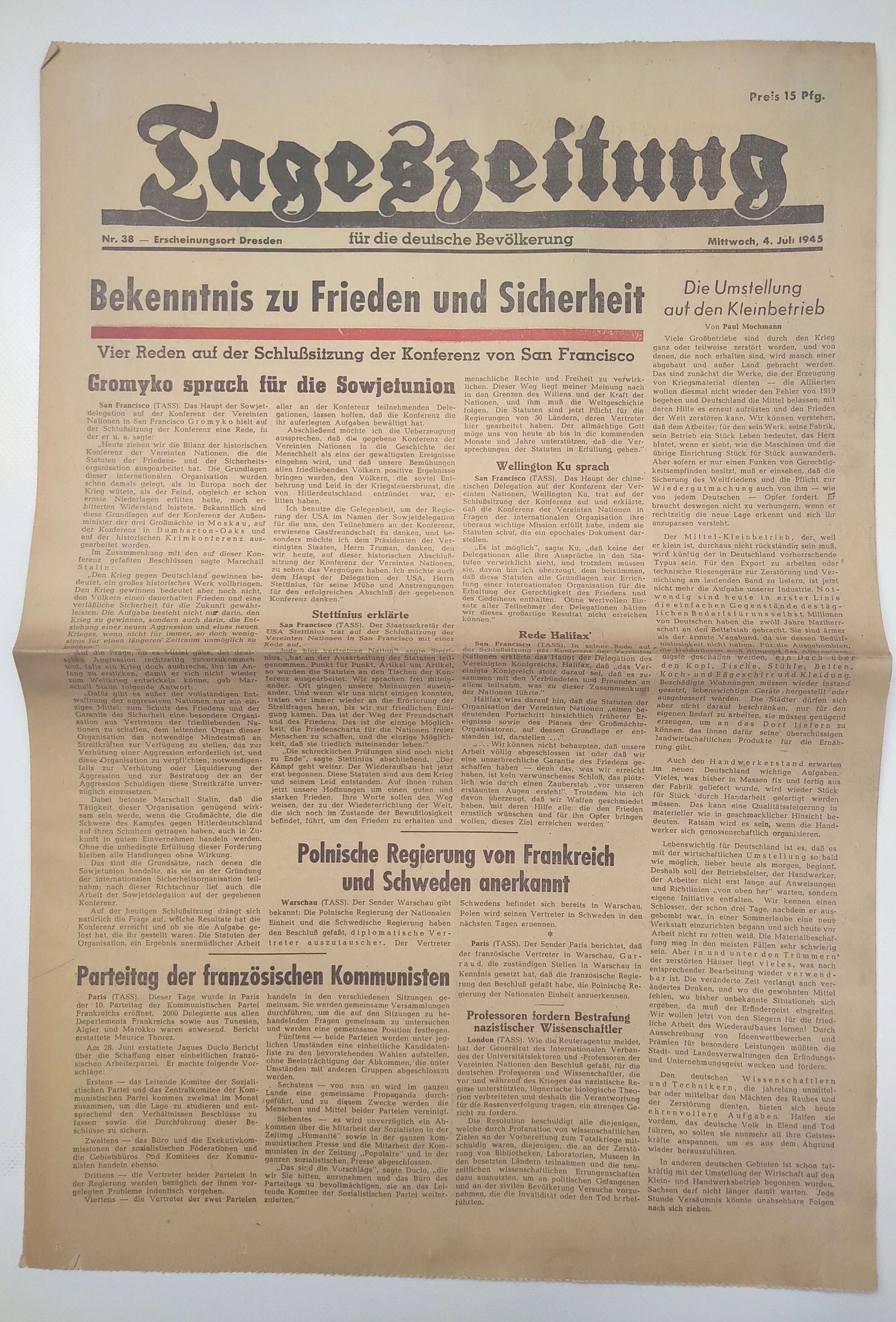 Tageszeitung Gromyko sprach für die Sowjetunion 1945 Nr 38 Tageszeitung Gromyko sprach für die Sowjetunion 1945 Nr 38