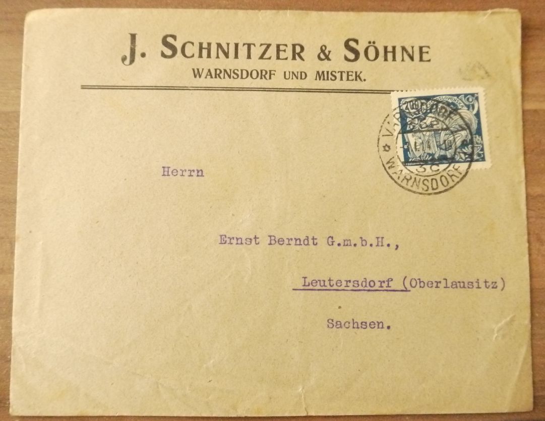 Brief J Schnitzer und Söhne Warnsdorf und Mistek Firmenbrief Böhmen