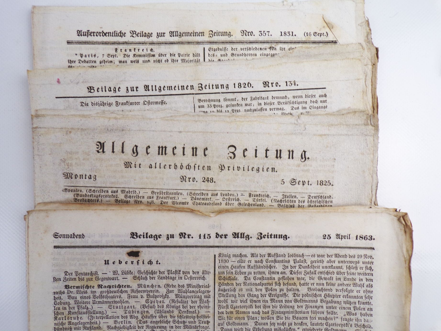 Konvolut Neueste Nachrichten und Allgemeine Zeitung 1825 bis 1873