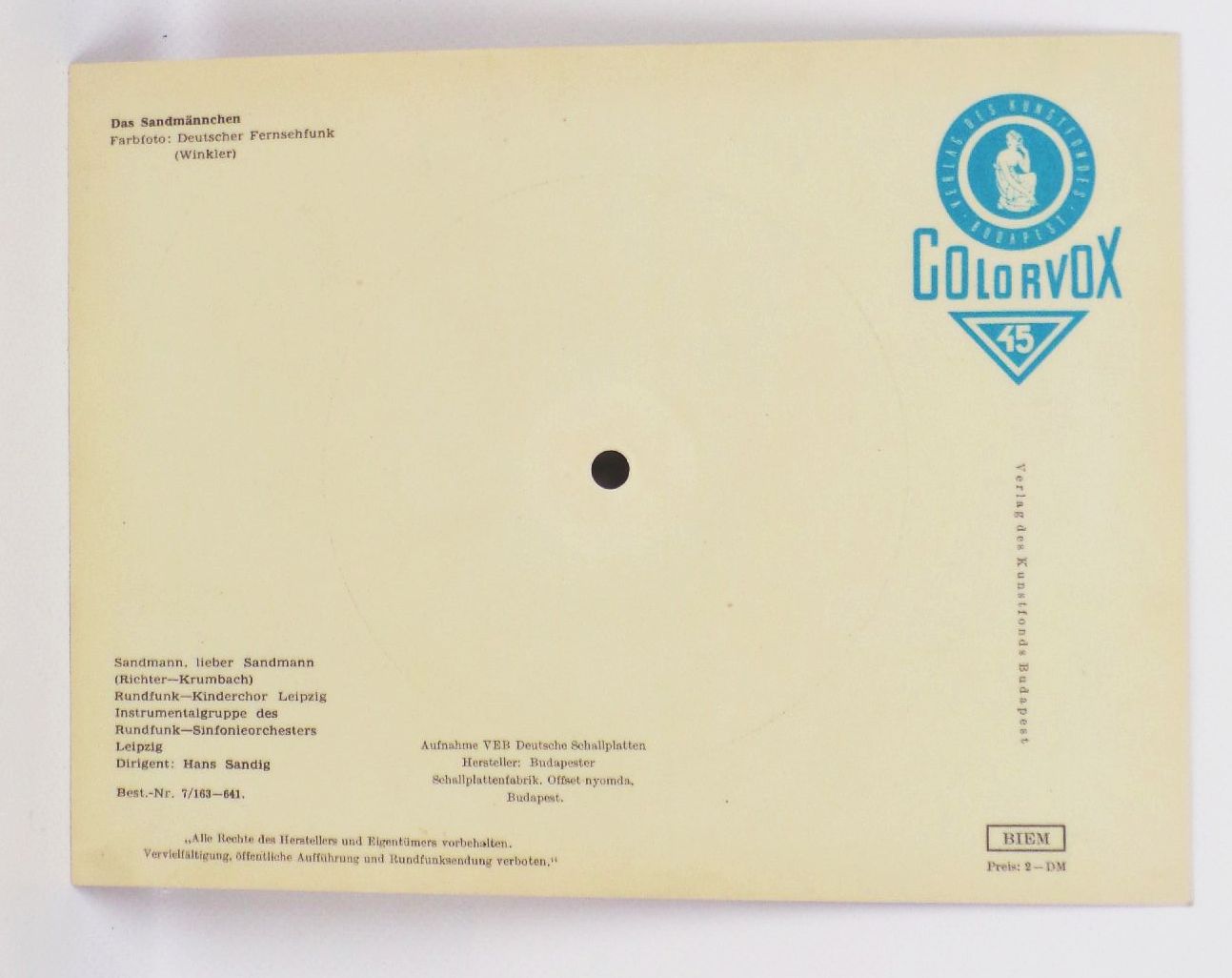 Colorvox Das Sandmännchen Schallplatte Tonbildkarte Tonpostkarte DDR Colorvox Das Sandmännchen Schallplatte Tonbildkarte Tonpostkarte DDR