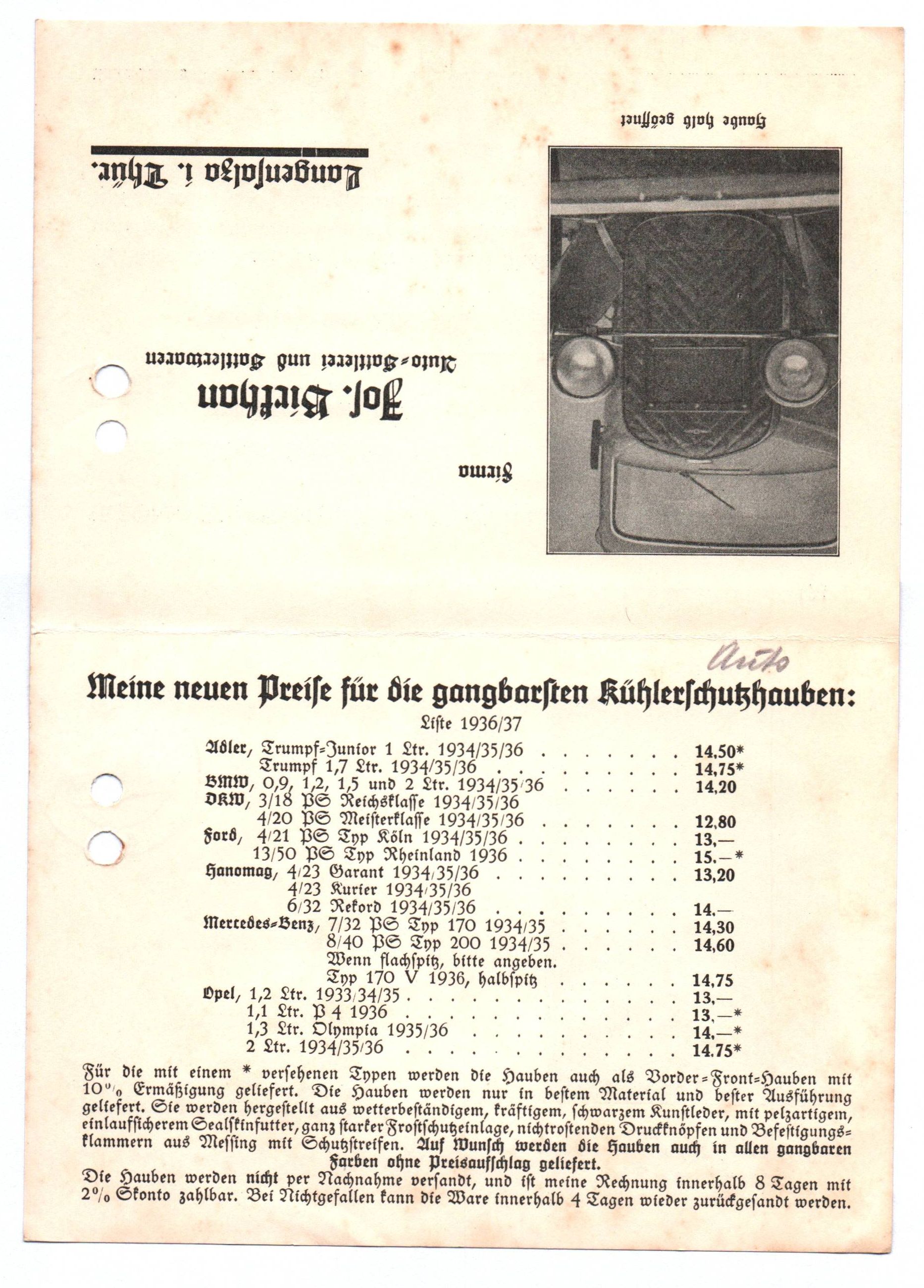 Drucksache 1936 Birkhan Auto Sattlerei Langensalza Thüringen Drucksache 1936 Birkhan Auto Sattlerei Langensalza Thüringen