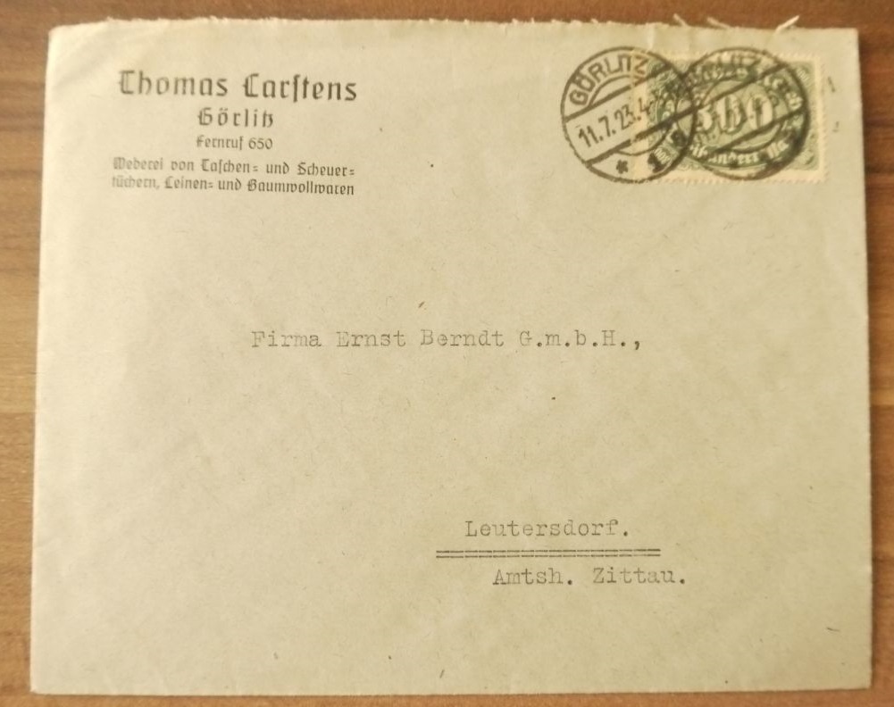 Brief Thomas Carstens Weberei Görlitz DR 1923 Firmenbrief