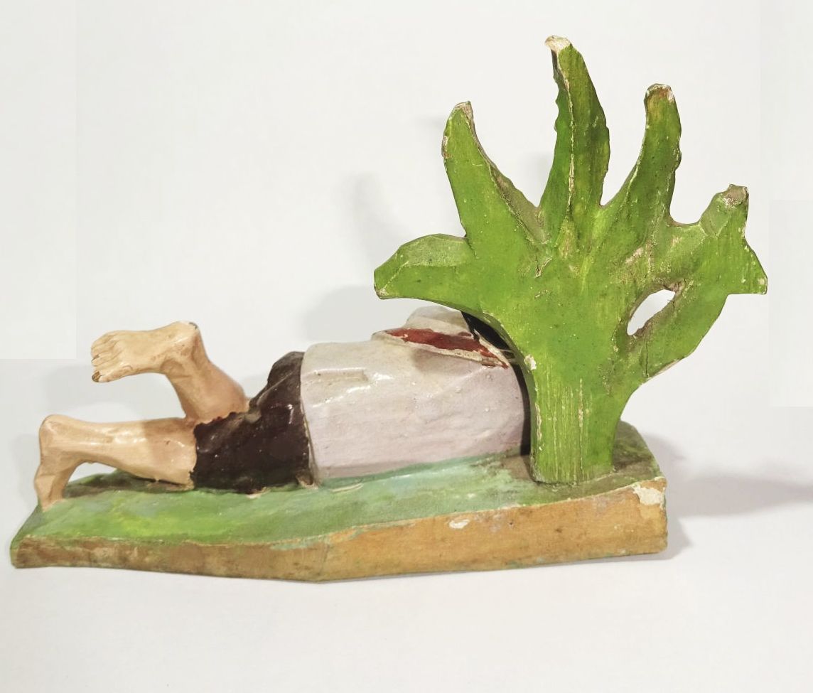 Geschnitzte Krippenfigur Flötenspieler um 1900 Lindenholz wohl Grödnertal 