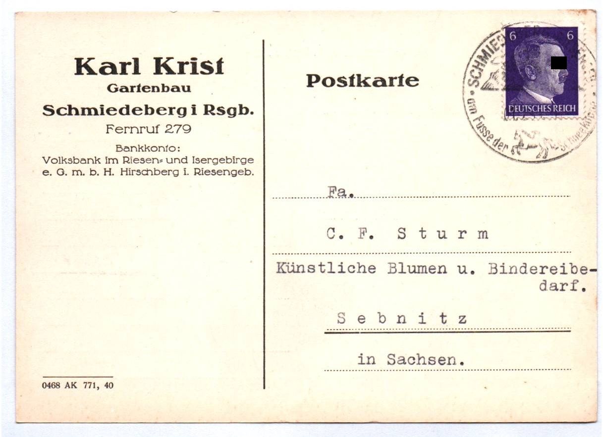 Postkarte Karl Krist Gartenbau Schreiberhau Riesengebirge Schlesien 1944 Postkarte Karl Krist Gartenbau Schreiberhau Riesengebirge Schlesien 1944