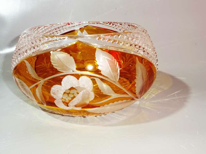 Kristall Schale Schwan Blumen Orange Gelb Vintage Kristallschale 
