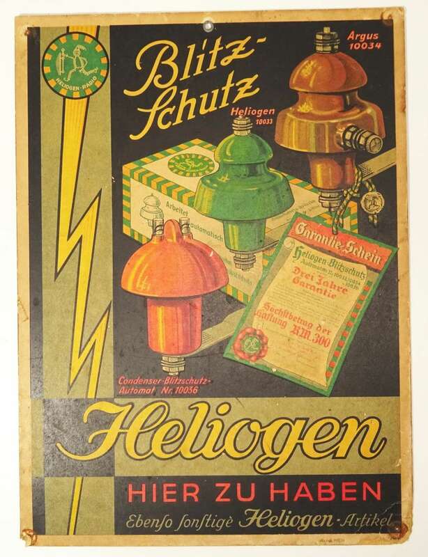 Pappschild Blitzschutz Heliogen Isolator Argus Druck 1930er Deko Sammler