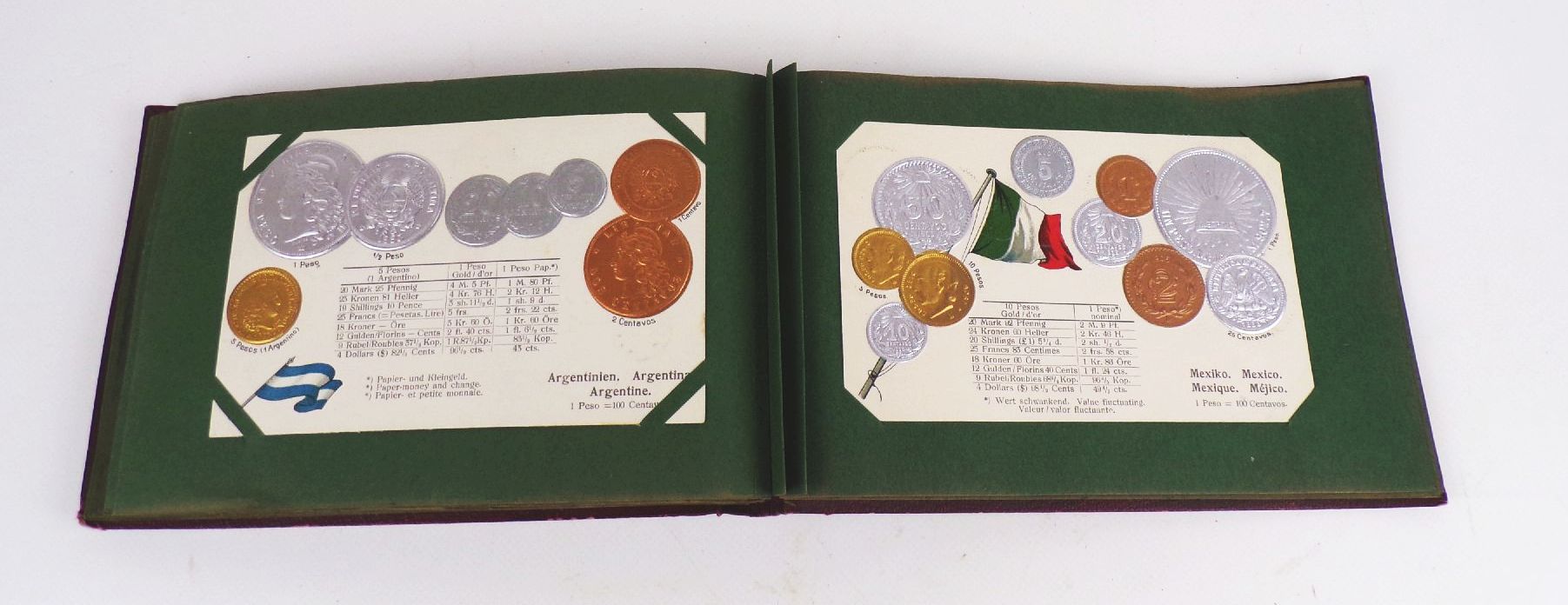 Geldsorten aller Länder Postkartenalbum Geld Münz Ansichtskarten um 1910 Rarität 45 Präge Ansichtskarten