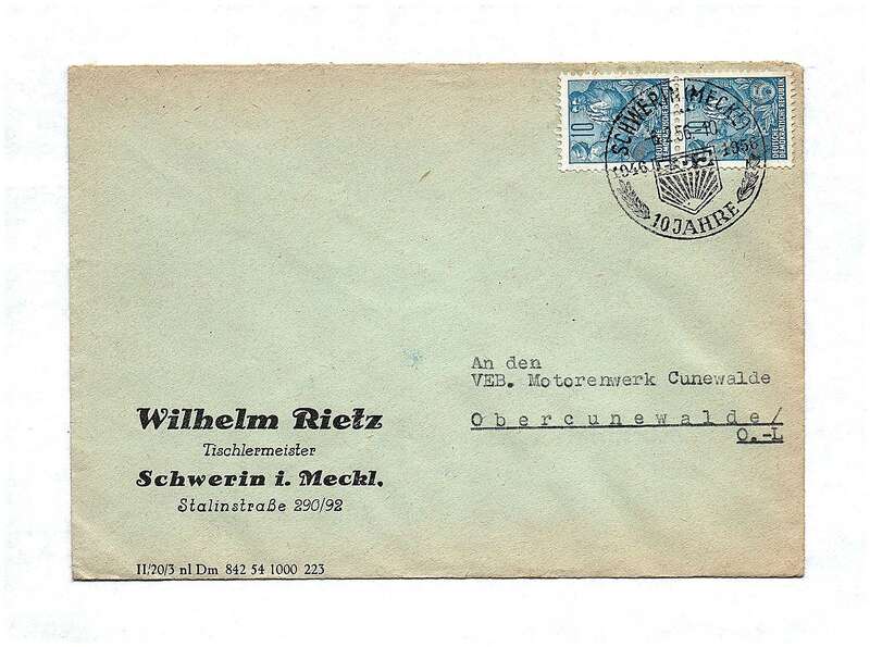 DDR Briefkuvert 1956 Wilhelm Rietz Tischlermeister Schwerin