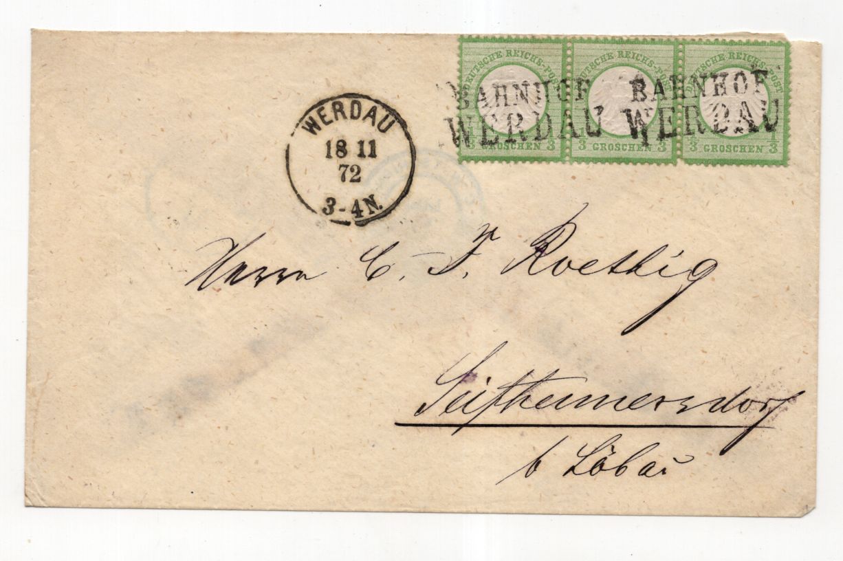 Brustschild Brief 1872 Bahnhof Werdau nach Seifhennersdorf Dreierstreifen 
