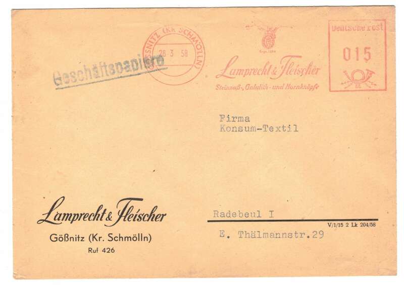 Werbe Brief Lamprecht & Fleischer Gößnitz Kreis Schmölln 1958 !