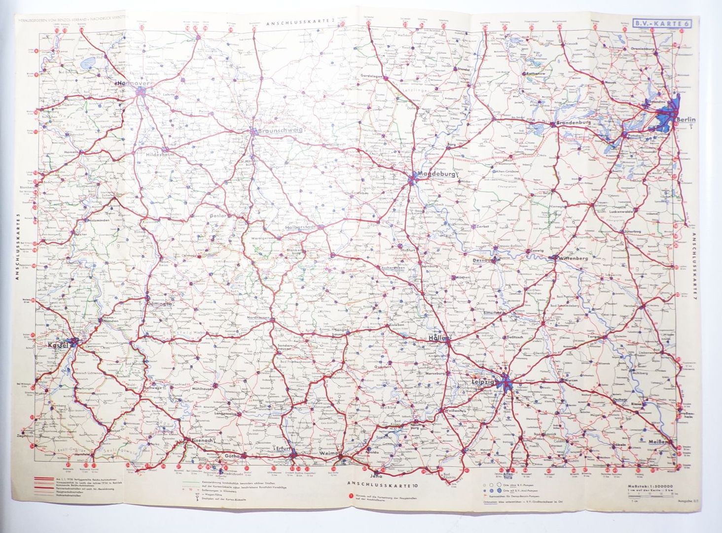 Aral BV Karte 6 Leipzig Halle Kassel Braunschweig Berlin 1930er Landkarte