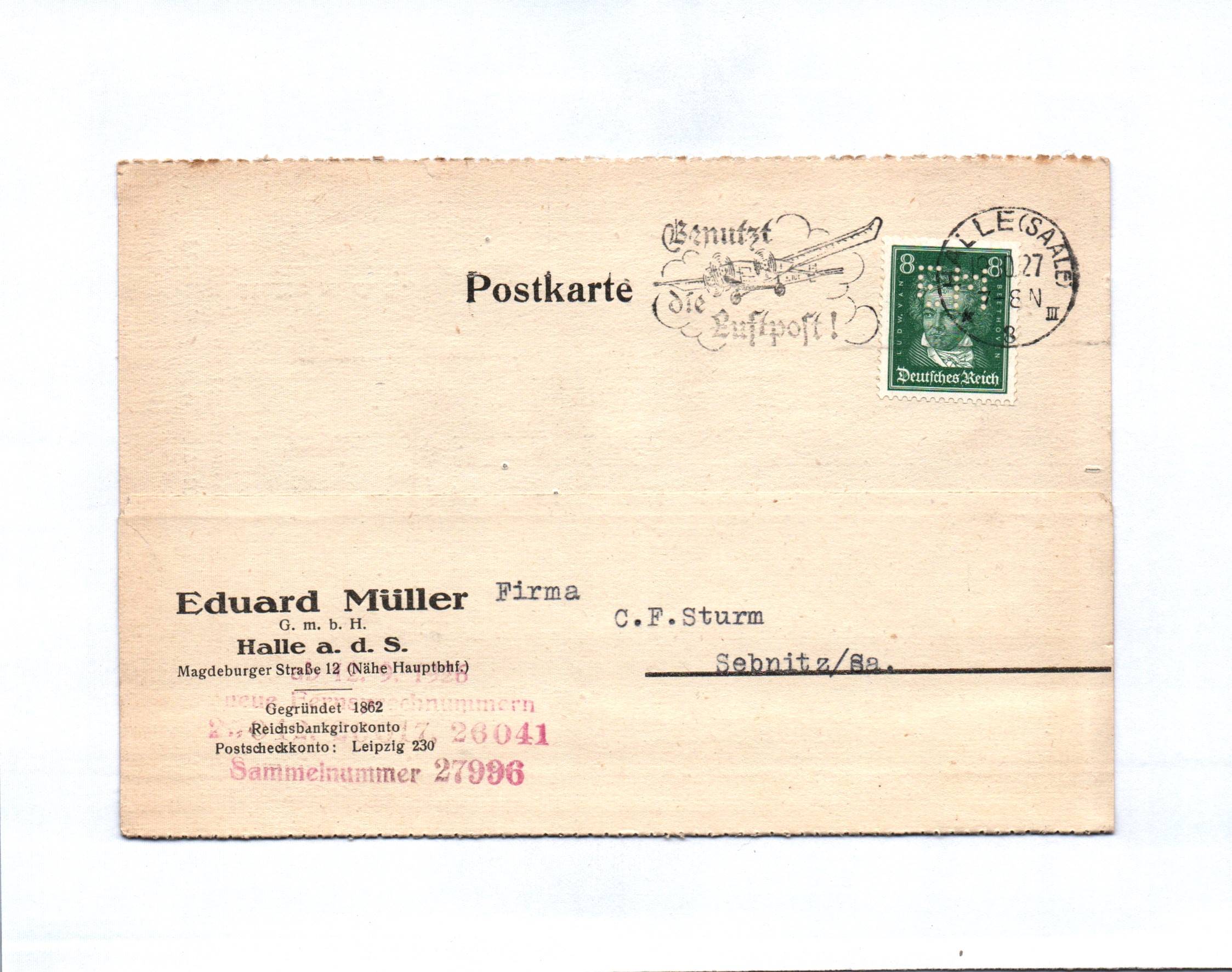Postkarte Eduard Müller Halle an der Saale 1927 Luftpost Postkarte Eduard Müller Halle an der Saale 1927 Luftpost