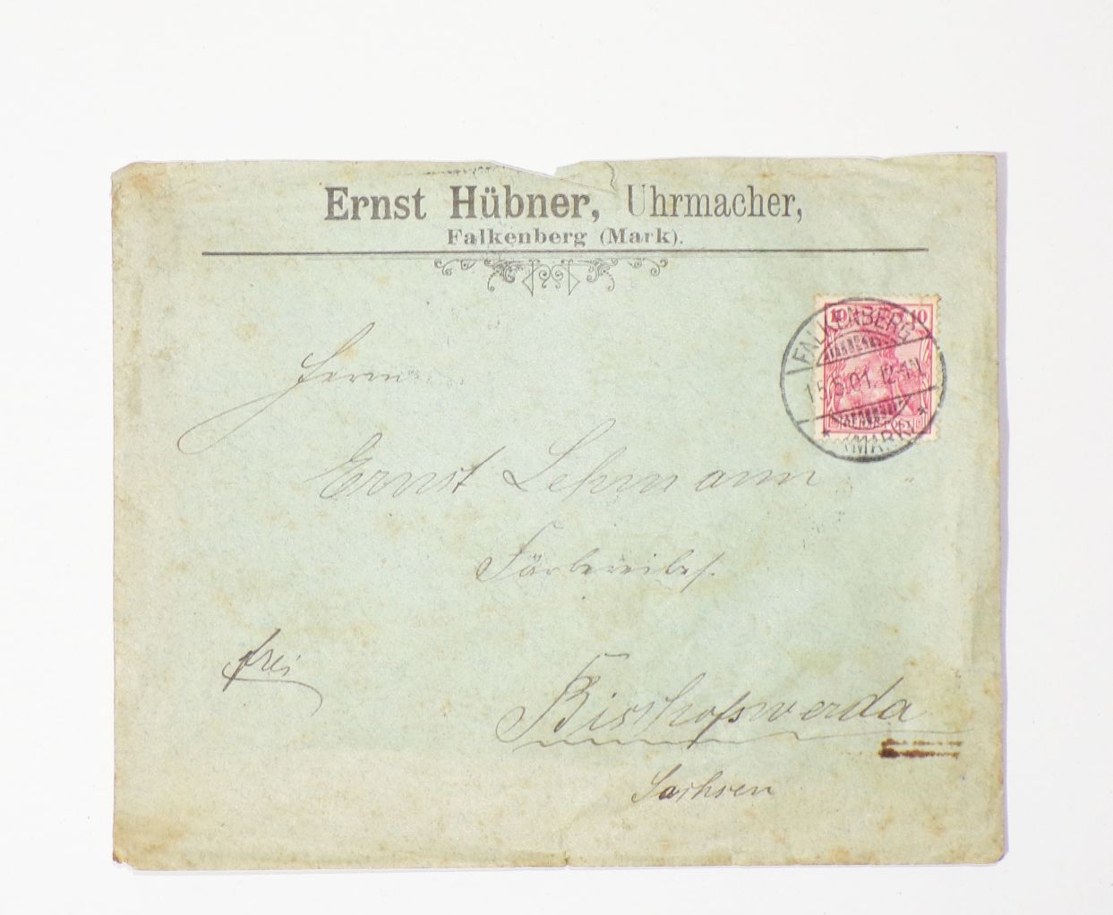 Firmen Brief Ernst Hübner Uhrmacher Falkenberg Mark 1901 