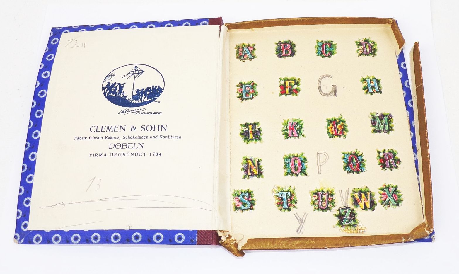 Alte Schokoladen Schachtel Clemen ABC Schokolade Döbeln um 1930 Reklame