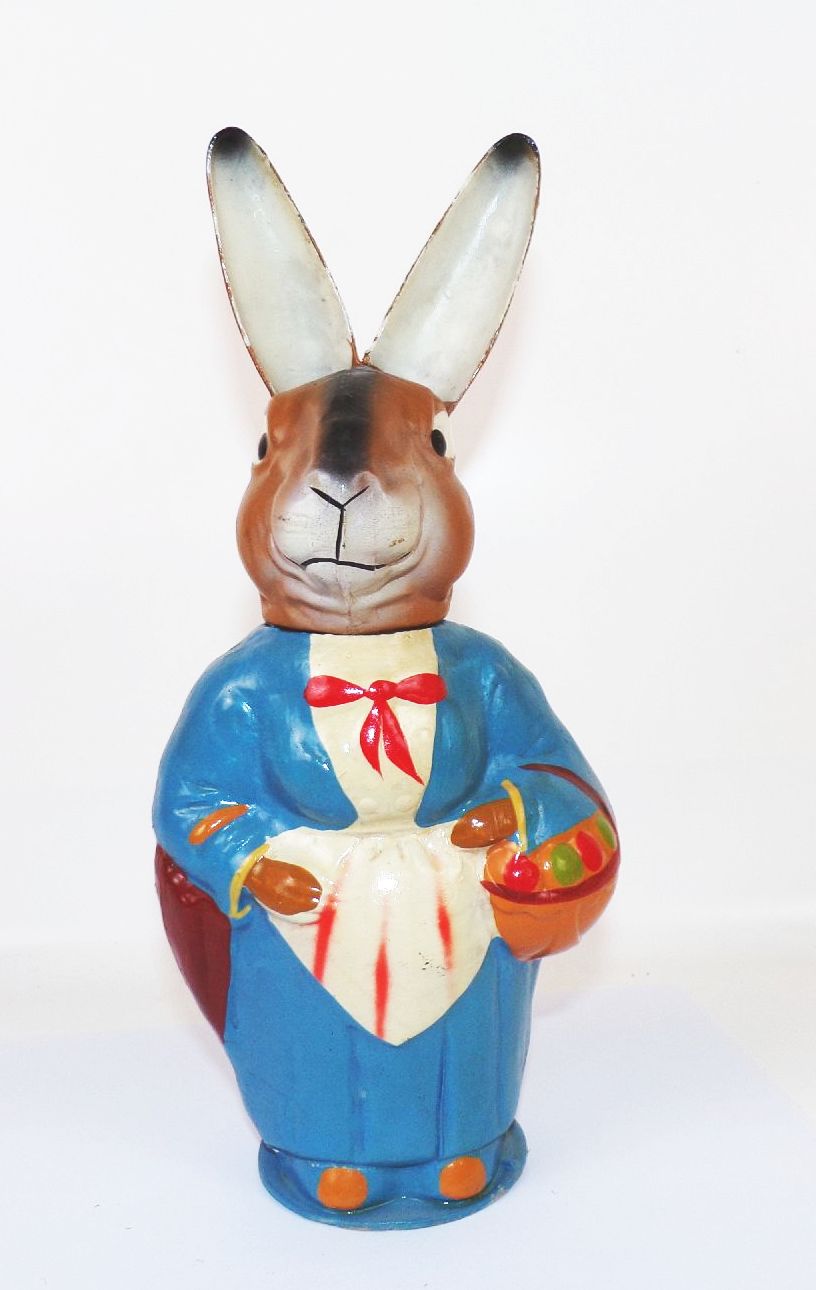 Alter Candy Container Osterhäsin Osterhase Bunt aus Pappmaschee 