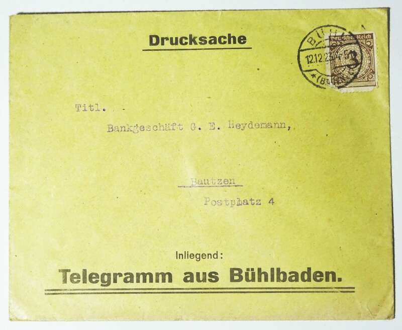 Drucksache Telegramm aus Bühlbaden Bühl 1923 nach Bautzen