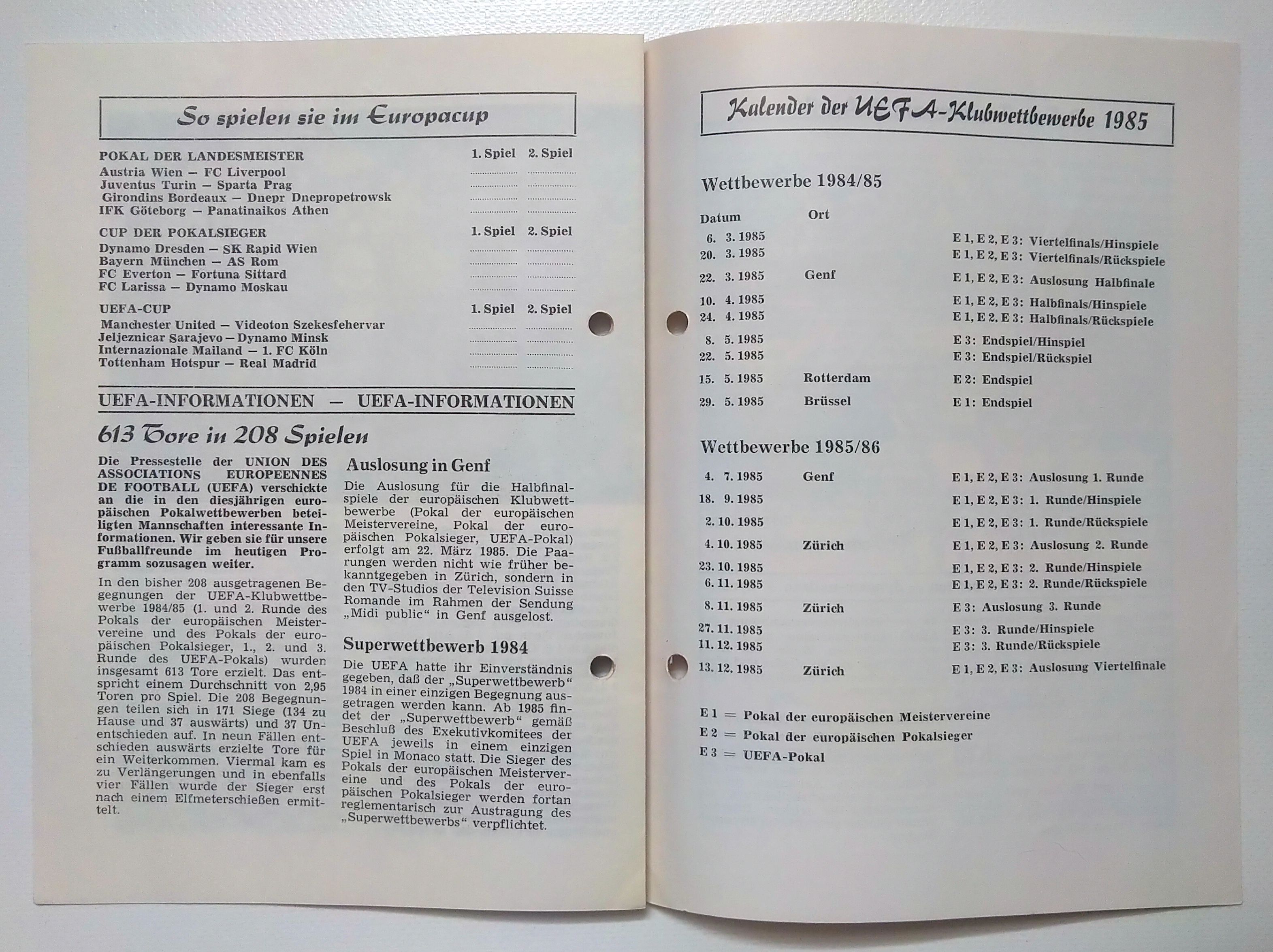 Fußball Programmheft SK Rapid Wien gegen Dynamo Dresden 1985