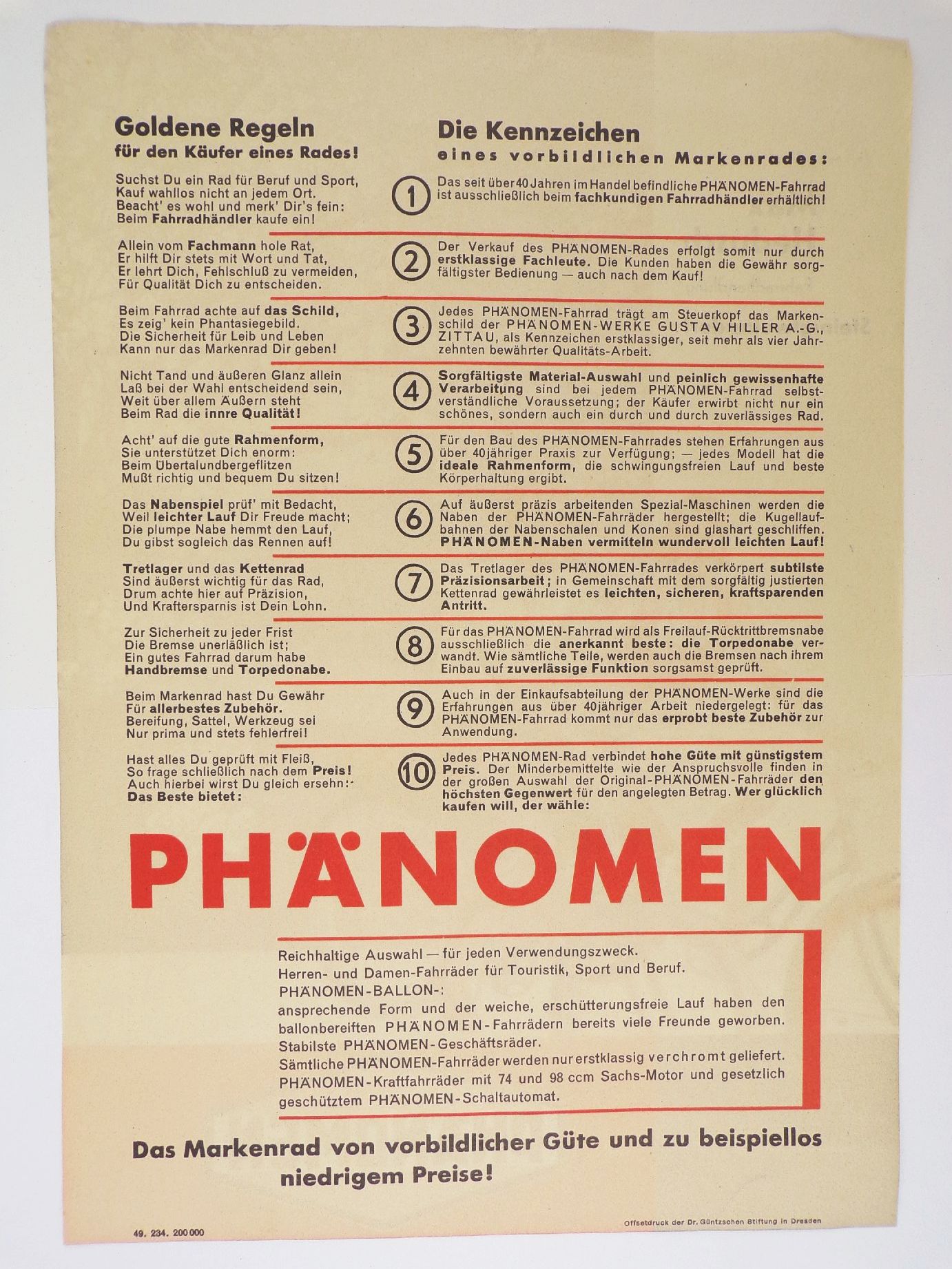 Phänomen Fahrrad Werbeblatt Hedusch Steinigwolmsdorf um 1940 Sammler