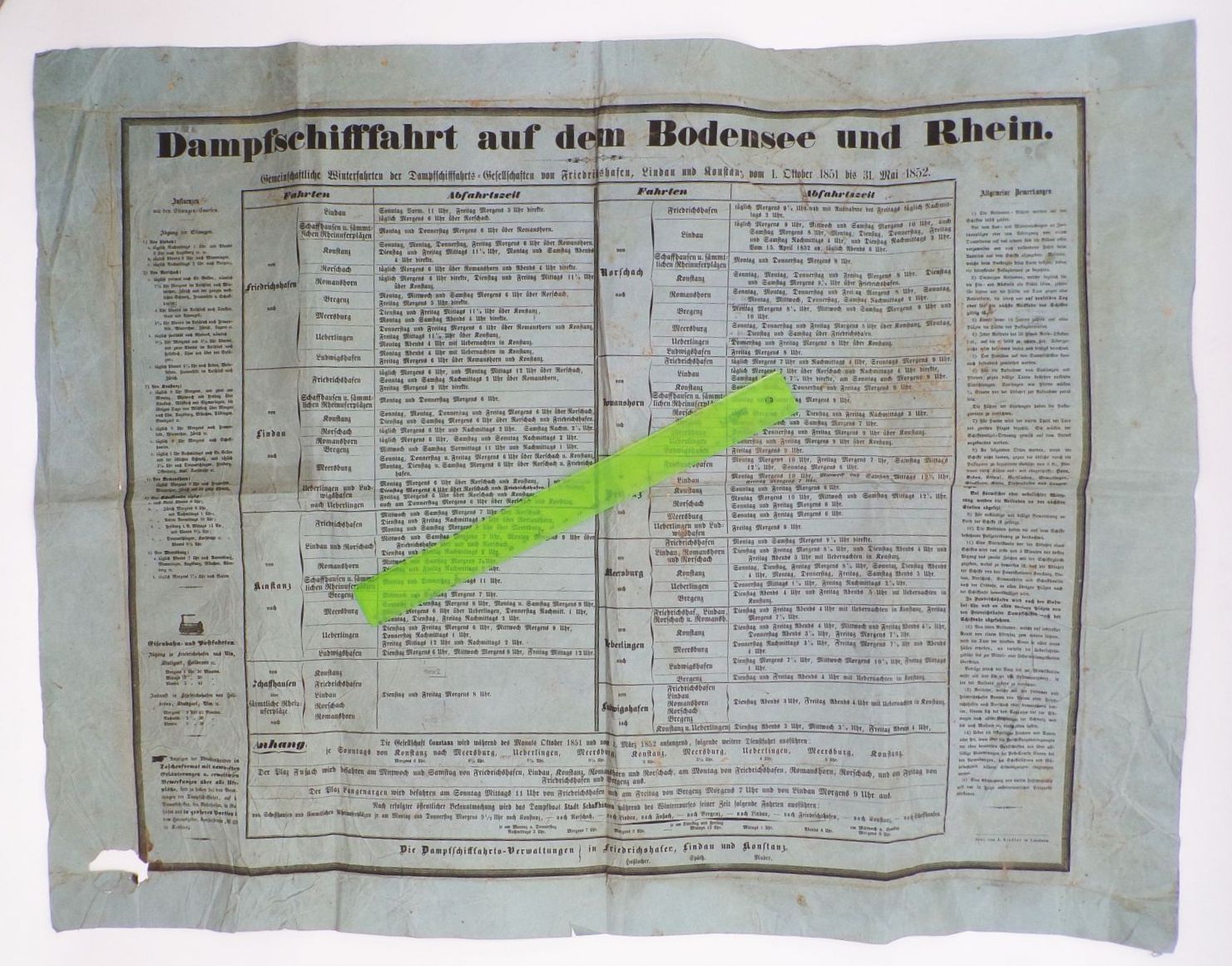 Alter Fahrplan Dampfschifffahrt aus den Bodensee und Rhein 1852