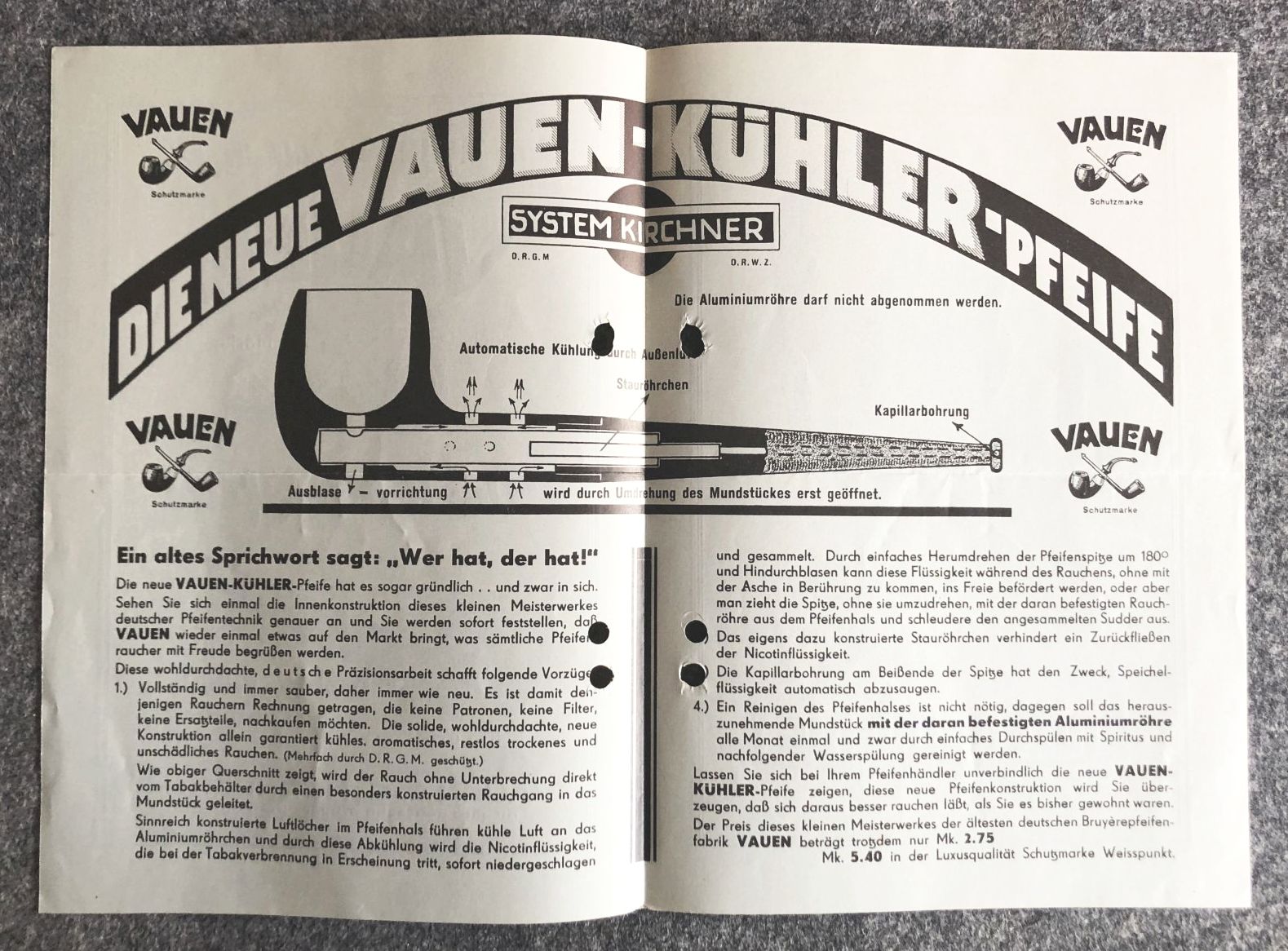 Vauen AG alter Prospekt Eine neue Gesundheitspfeife Nürnberg