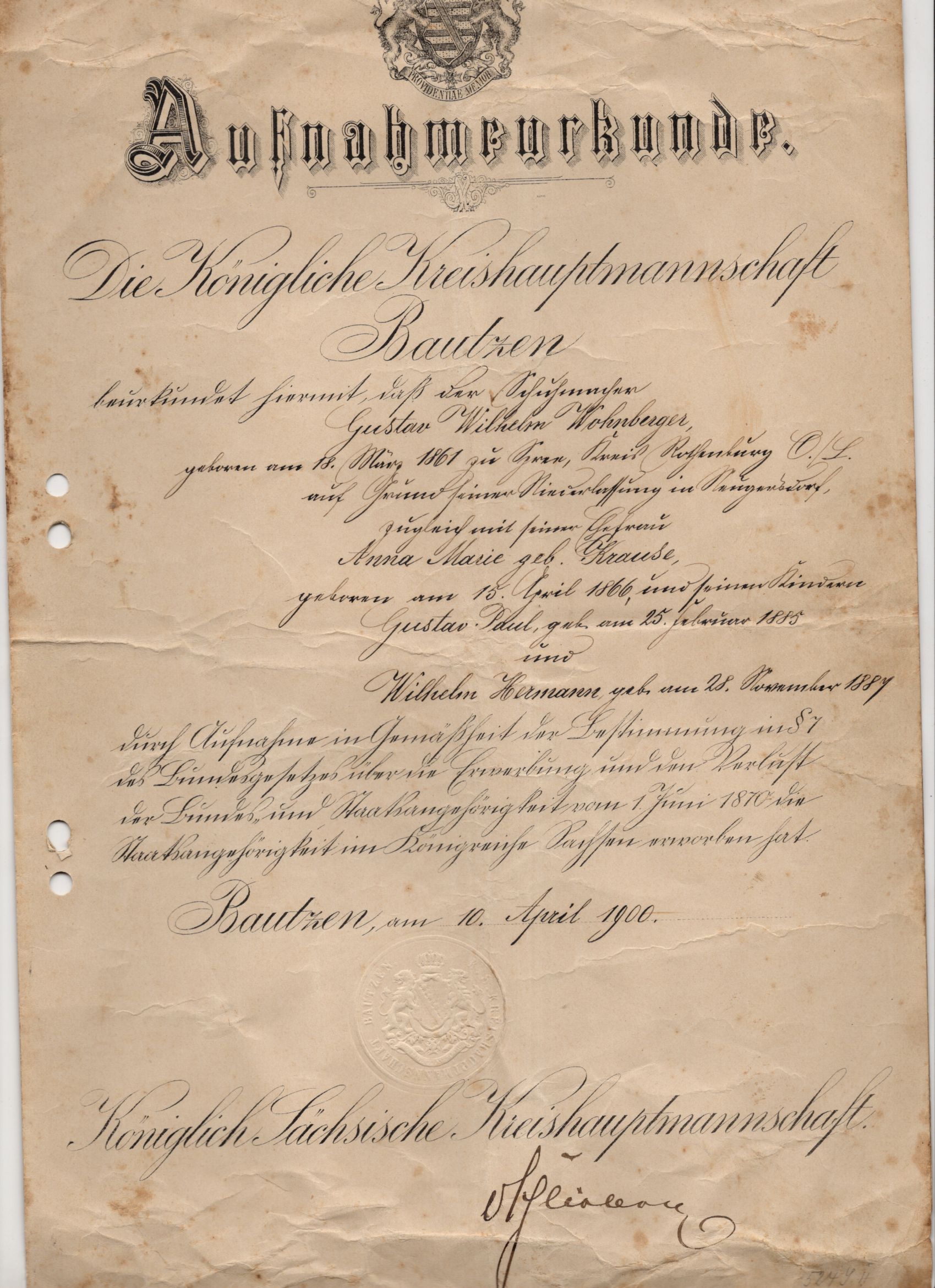 Aufnahme Urkunde Bautzen 1900 Staatsangehörigkeit Sachsen