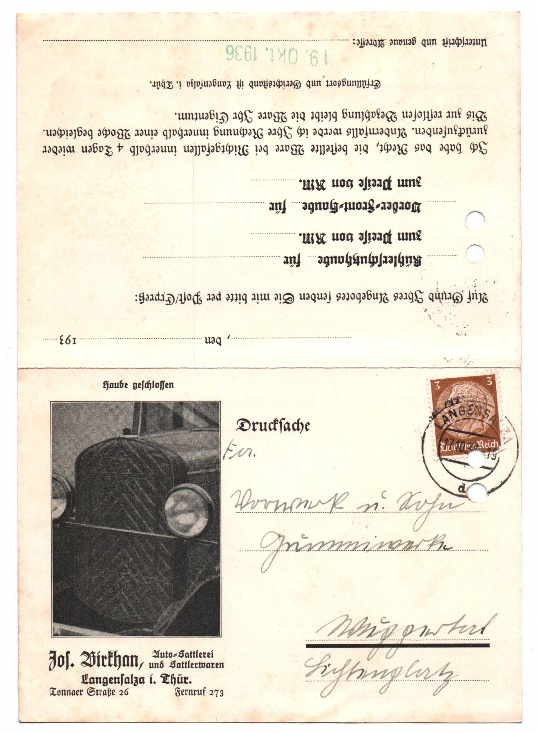 Drucksache 1936 Birkhan Auto Sattlerei Langensalza Thüringen Drucksache 1936 Birkhan Auto Sattlerei Langensalza Thüringen