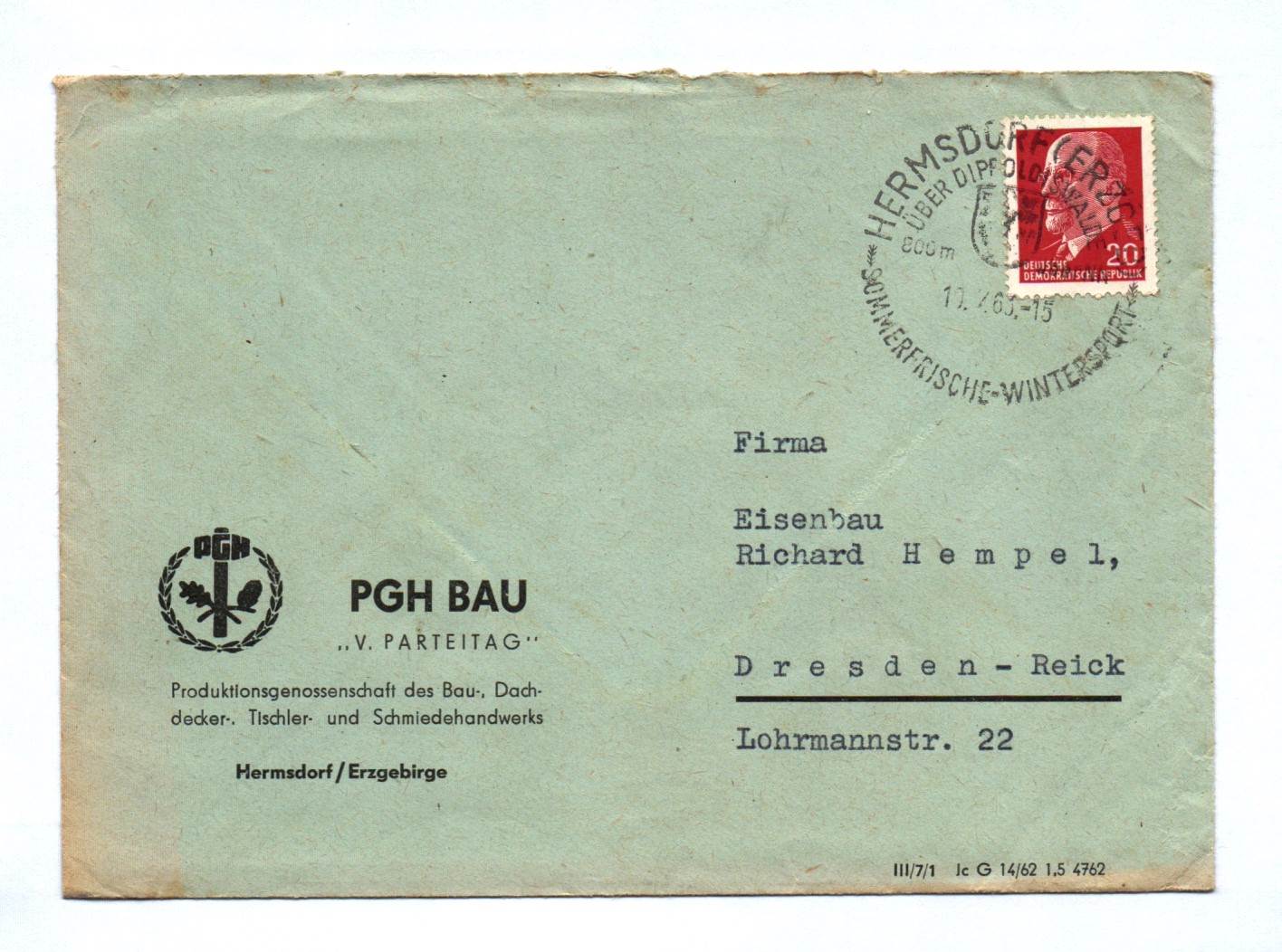 Brief PGH Bau Produktionsgenossenschaft Hermsdorf Erzgebirge DDR 1965