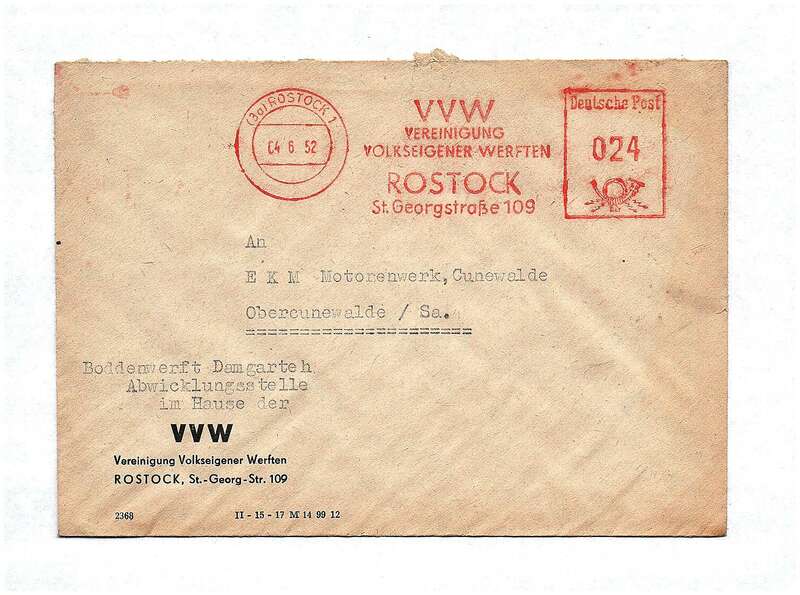 Briefkuvert Boddenwerft Damgarteh VVW Rostock 1952 DDR Brief