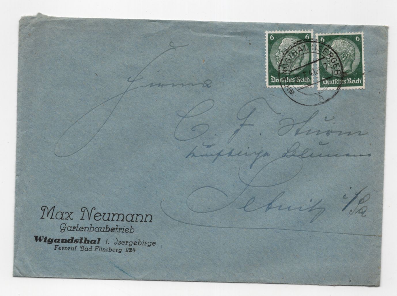 Brief Wigandsthal Isergebirge 1941 Gartenbaubetrieb nach Sebnitz